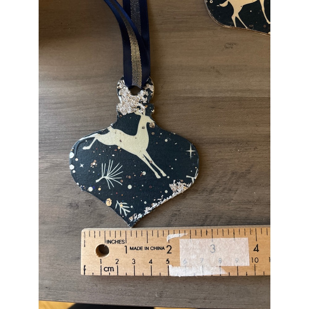 Set of 6 Christmas Ornaments Reindeer Snowflake Glitter Rustic Home Decor - Picture 3 of 6